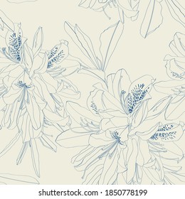 Line Rhododendron Cosmopolitan flowers, blue outline on a vintage background. Seamless pattern.
