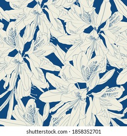 Line Rhododendron Cosmopolitan flowers, blue outline on a vintage background. Seamless pattern.