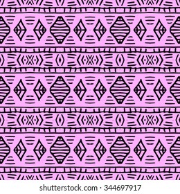 Line rhombus vector seamless pattern. Hand drawn tribe motif. Repeating geometric tiles.  Monochrome arabic, aztec design. Modern stylish texture.