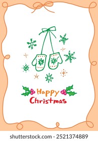 Line ribbon border decoration card illustration with Happy Christmas calligraphy and mittens drawing