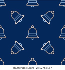 Línea Icono de campana de timbre aislado sin patrón sobre fondo azul. Símbolo de alarma, campana de servicio, señal de timbre, símbolo de notificación.  Vector