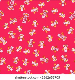 Line Robot toy icon isolated seamless pattern on red background.  Vector