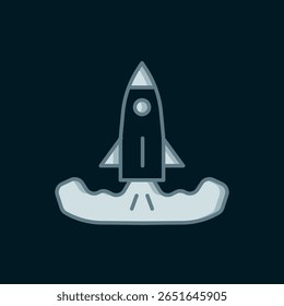 Linie Raketen-Symbol einzeln auf schwarzem Hintergrund. Flach ausgefüllter Umrissstil mit Schatten. Vektorgrafik