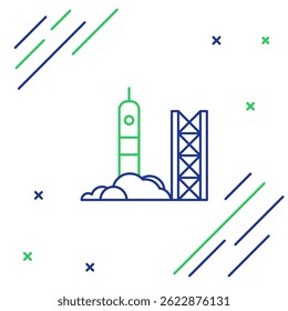 Line Rocket launch from the spaceport icon isolated on white background. Launch rocket in space. Colorful outline concept. Vector