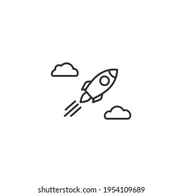 Line rocket ship with clouds. Flat line icon isolated on white. Vector illustration with flying rocket. Goal achieve. Project start up sign. Creative idea symbol. Black and white.