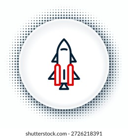 Cohete de la línea de la nave con el icono del fuego aislado en el fondo blanco. Viajes espaciales. Concepto de contorno colorido. Vector