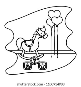 line rocking horse and cubes toys with balloos in the bedroom