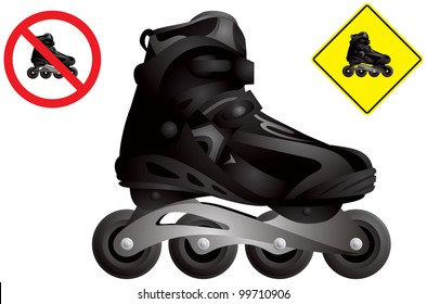 In line roller skate vector, inline skating boot realistic detailed image, in-line roller and no roller skating road signs