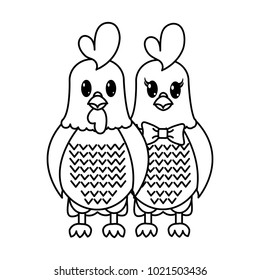 line rooster and hen couple cute animal
