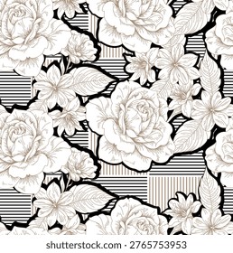 Line rose pattern in vector. Seamless floral pattern design for cover, textile, print, fabric, weddin, banner.