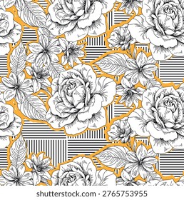Line rose pattern in vector. Seamless floral pattern design for cover, textile, print, fabric, weddin, banner.