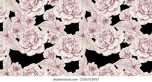 Line rose pattern in vector. Seamless floral pattern design for cover, textile, print, fabric, weddin, banner.