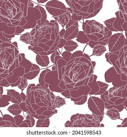 Line roses flower silhouette pattern , seamless repeatable texture wallpaper on bordo background.