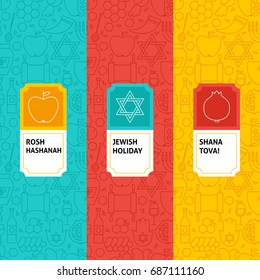 Line Rosh Hashanah Patterns Set. Vector Illustration of Logo Design. Template for Packaging with Labels.