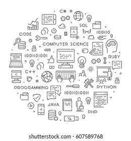 Line round concept for computer science. Modern linear banner for computer programming.