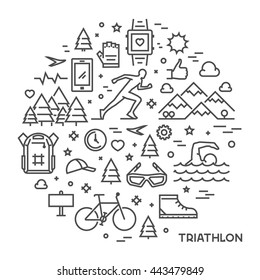 Line round concept for triathlon. Vector linear prints on T-shirts for triathlon. Open path.