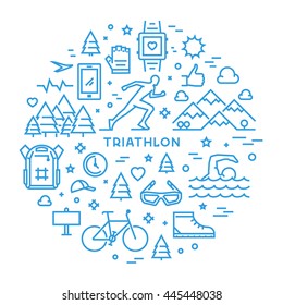 Line round concept for triathlon. Vector linear prints on T-shirts for triathlon. Open path.