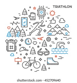 Line round concept for triathlon. Vector linear prints on T-shirts for triathlon. Open path.