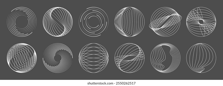 Formas espirais redondas, espiral de onda geométrica concêntrica. Conjunto de vetores de círculos abstratos de vórtice, ondulações circulares dinâmicas, rajadas radiais finas, sonares curvos de vento. Padrões de looping de redemoinho branco