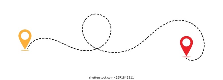 Line route with map pointer location trip way design vector. Route icon between two points with dotted path and location pin. Location pointer continuous one line drawing. GPS navigation in eps 10.