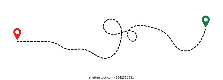 Line route with map pointer location trip way design vector. Route icon between two points with dotted path and location pin. Location pointer continuous one line drawing. GPS navigation in eps 10.
