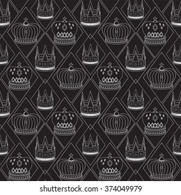 Line royal crowns seamless pattern with rhombus on dark background; vector seamless background