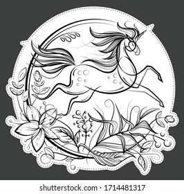 Line running Unicorn and circle frame with flowers, leaf, berry. Black and white doodle vector illustration for coloring book, label, decor, textile print, fairy tale book design. Cartoon outlined art