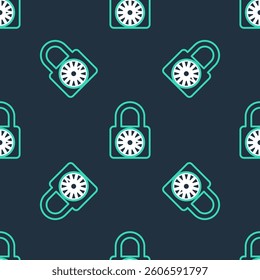 Line Safe combination lock wheel icon isolated seamless pattern on black background. Combination padlock. Security, safety, protection, password, privacy.  Vector