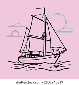 Line of a sailing ship on waves with clouds and sun
