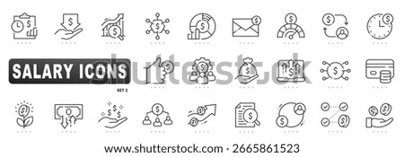 Line salary icon set covering payroll, wage, income, compensation, bonus, raise, analytics, overtime, payslip, approval, deposit, secure payout, report, vector
