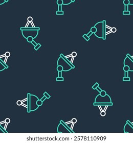 Line Satellite dish icon isolated seamless pattern on black background. Radio antenna, astronomy and space research.  Vector