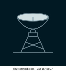 Linha Ícone de prato de satélite isolado no fundo preto. Pesquisa de antenas de rádio, astronomia e espaço. Estilo de contorno preenchido plano com sombra. Vetor