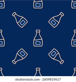 Line Sauce bottle icon isolated seamless pattern on blue background. Ketchup, mustard and mayonnaise bottles with sauce for fast food.  Vector