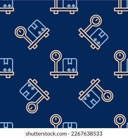 Line Scale with cardboard box icon isolated seamless pattern on blue background. Logistic and delivery. Weight of delivery package on a scale.  Vector