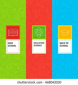 Line School Education Patterns Set. Vector Illustration of Logo Design. Template for Packaging with Labels.