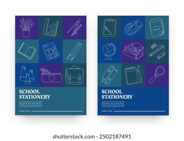 Line school stationery. School education. Abstract geometric shapes. Studying supplies. College flyer. Shop brochure design. Book and lab beaker. Notepad with pen. Squares collage. Vector posters set