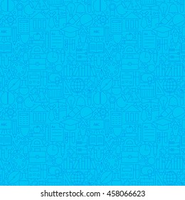 Line Science Education Blue Tile Pattern. Vector Illustration of School and Learning Seamless Background. 