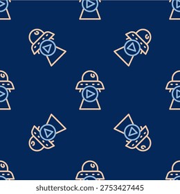 Line Science fiction icon isolated seamless pattern on blue background. Sci fi movies, popular futuristic fantasy films. Cinema category. Flying saucer, UFO.  Vector