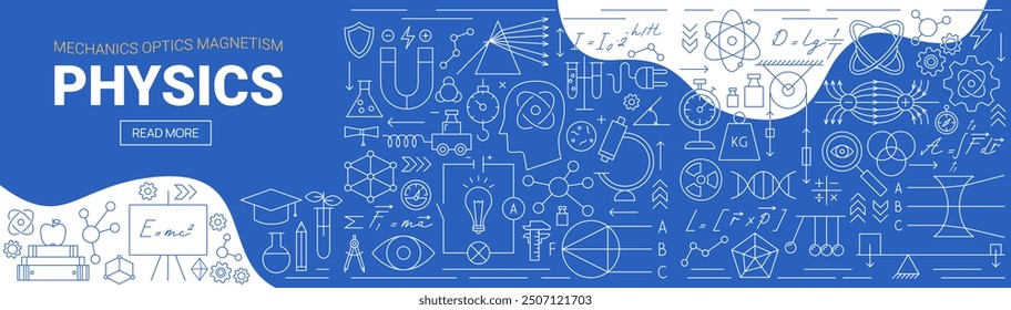 Line Science Physics Web Banner. Vector Illustration of Education Outline Concept. Linear Laboratory Subject Sign.