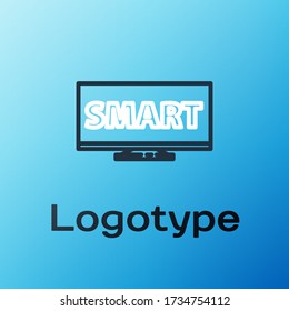 Line Screen TV mit Smart Video Technology Icon isoliert auf blauem Hintergrund. Farbenfrohe Kontur. Vector Illustration