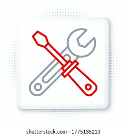 Zeilentreiber und Schraubenschlüssel Symbol einzeln auf weißem Hintergrund. Symbol für Service-Tools. Farbiges Rahmenkonzept. Vektorgrafik