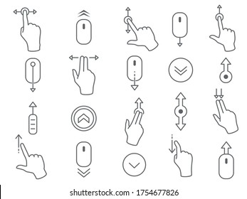 Line Scroll Gesture Icons For User Interface. Linear Symbols As Scrolling Mouse, Touchscreen Gesture, Back To Top, Scrolled Down And Page Navigation For Application Or Device Vector Illustration.