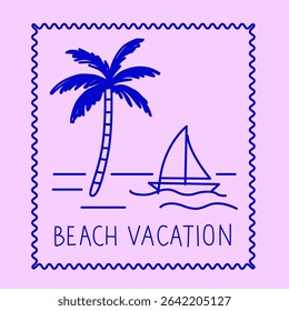 Line Sea Boat and Palm Tree on Island Illustration. Tropical Travel rest Theme. Outline Sketch Contour Drawn Art. Travel Agency Card Invitation Poster Decoration Design. 