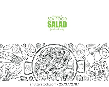 Line Sea food Salad and Vegetables Background, Vector Doodle Banner