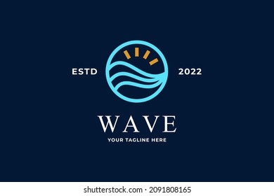 Line sea logo template in circle and wave shape vector template