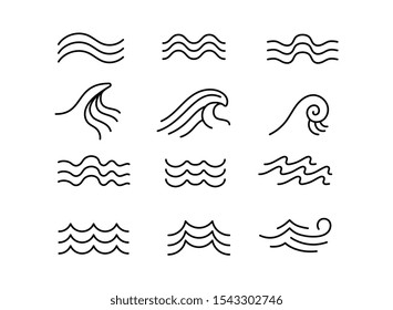 Line sea wave. Ocean water wavy elements, splashing blue storm waves isolated vector set