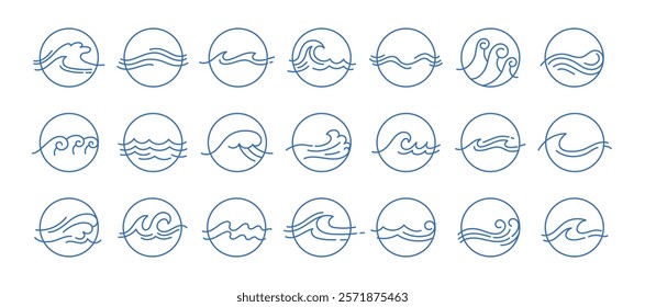 Line sea waves in circle. Doodle wave water icons. Abstract wavy ocean silhouette. Round outline sign with splashes, splatter water. Marine curly, swirly liquid. Vector set.