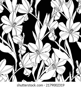 Line seamless floral pattern background. Spring tulip flower. Hand drawn illustration and sketch Tulips flower. Line art illustration.