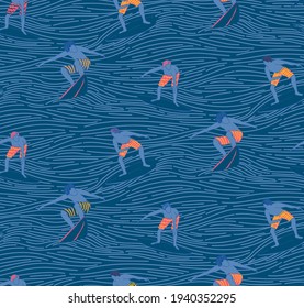 line seamless hand drawn pattern with surfers