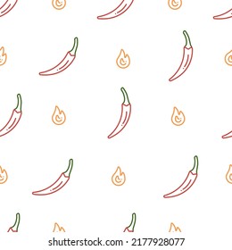 Una línea sin fisuras con chiles y llamas del fuego. Esquema de patrón vectorial con pimientos calientes.